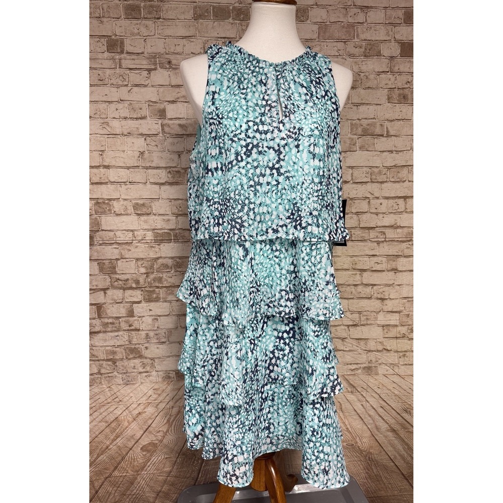 NINE WEST tiered Dress 10 Capri‎ Combo Teal  Keyhole Sleeveless Knee Length